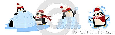 A set of cute Christmas penguins playing with snow and making igloo. Vector Illustration