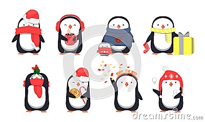 Set of cute Christmas penguins Vector Illustration