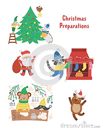 Set with cute Christmas preparation scenes. Animals decorating tree, baking cookies, hanging stockings on a fireplace. Winter Vector Illustration