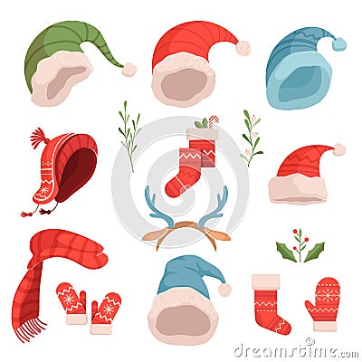Set of cute Christmas Santa and Elf hats, hats, mittens. Christmas illustration Vector Illustration