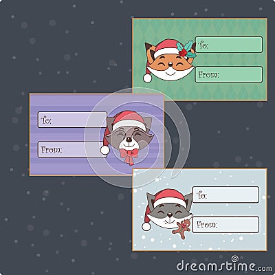 Set of cute Christmas tags with animals Vector Illustration