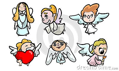 Set of cute colorful angel kids with wings. Vector illustration in flat cartoon style. Vector Illustration