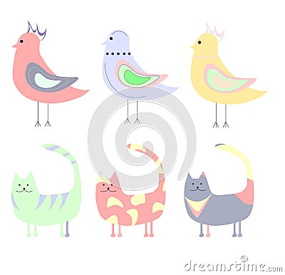 Set of cute colorful cats and birds Stock Photo