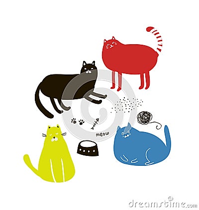 Set of cute colorful cats in doodle style. Vector Illustration