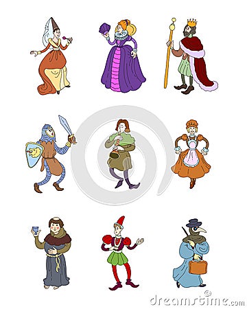 Set of cute colorful medieval characters, different clothes Vector Illustration