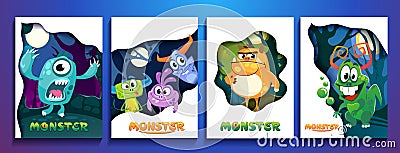 Set of cute colorful monster cards. Cartoon monsters posters for Vector Illustration