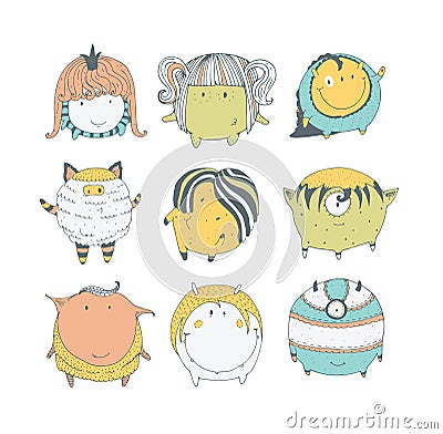 Set of cute colorful monsters, hand drawn in doodle style, isolated on white background. Lovely characters collection. Vector Cartoon Illustration