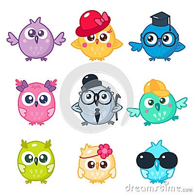 Set of cute colorful owls with different glasses and hats. Cartoon bird emojis and stickers. Vector illustration. Kawaii Vector Illustration