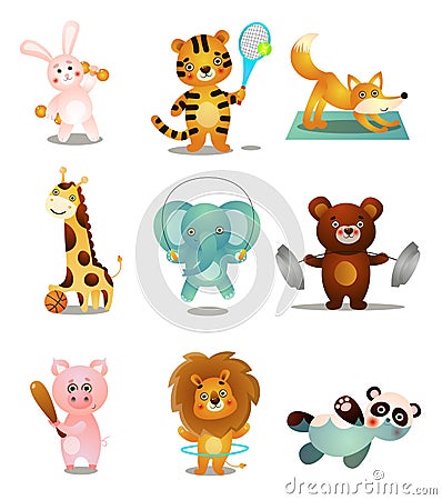 Set of cute colorful playing animals, in different sport activities Vector Illustration