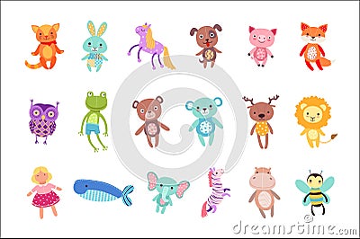 Set of cute colorful soft plush animal toys vector Illustrations Vector Illustration