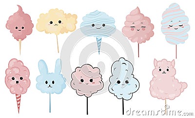 Set of cute cotton candy with a smile. Vector illustration for children. Vector Illustration