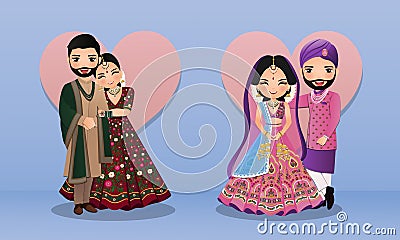 Set of Cute couple in traditional indian dress cartoon characters bride and groom.Wedding invitations card. Vector Illustration