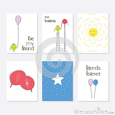 Set of 6 Cute Creative Cards Templates With Friend Theme Design. Hand Drawn Card. Vector Illustration