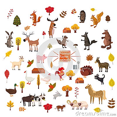 Set of cute and cute farm and forest animals, fox, bear, wolf, pig, rabbit, cat, raccoon, cow, horse, bull, cow Vector Illustration