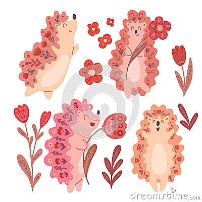 Set of cute dancing hedgehogs with flowers and folk decoration isolated from background. Delicate vector animals Vector Illustration