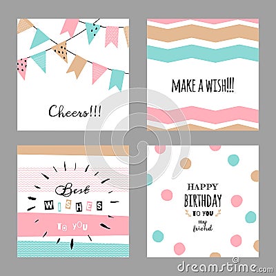 Set with cute decorative cards for birthday Vector Illustration