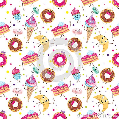 Set of cute desserts. Donuts, muffins, pasta, coffee, tea, cup, cake, ice creams and a croissant. Smiling sweets. Characters. Vector Illustration