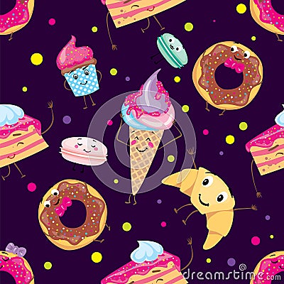 Set of cute desserts. Donuts, muffins, pasta, coffee, tea, cup, cake, ice creams and a croissant. Smiling sweets. Characters. Vector Illustration