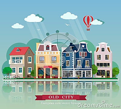 Set of cute detailed vector old city houses. European retro style building facades. Vector Illustration