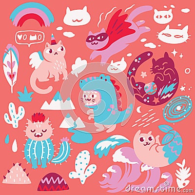Set of cute different hand drawn kawaii cats, mermaid, unicorn, dinosaur and super hero. Vector illustration Vector Illustration