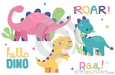 Set of cute dinosaur illustrations. Funny cartoon dino collection with tropic plants and slogans. Hand drawn vector set for kids d Vector Illustration