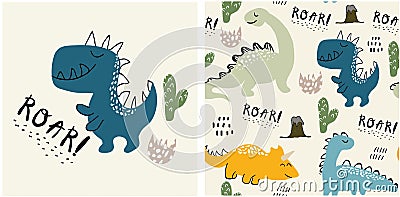 Set of cute dinosaur print and seamless pattern with dinosaurs. vector illustration Vector Illustration