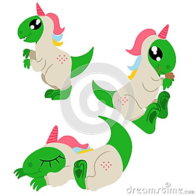 Set of cute dinosaurs in unicorn kigurumi. Dinosaur who just stands there eating muffin and sleeping one. Image isolated Vector Illustration