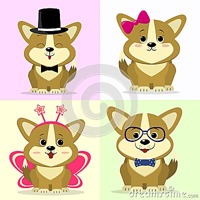 A set of cute dog characters in different images in the style of a cartoon. Vector Illustration