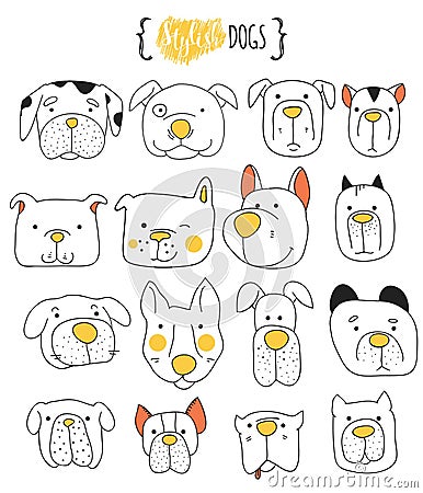 Set of 16 cute dogs doodle . Sketch dog. Vector Illustration