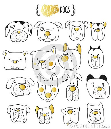 Set of 16 cute dogs doodle . Sketch dog. Vector Illustration