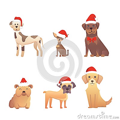 Set of cute dogs in red santas hat. Christmas puppy winter cartoon illustration. Vector Illustration