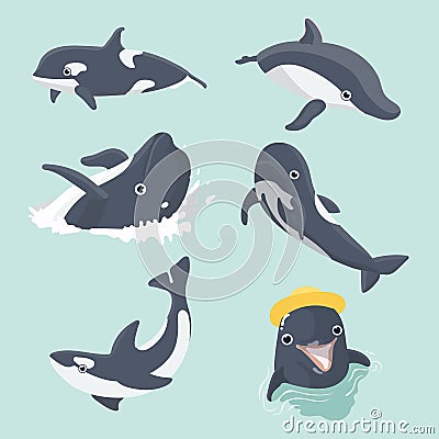 Set of cute dolphins. Vector Illustration