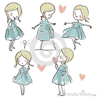 Set with cute doodle girl Vector Illustration