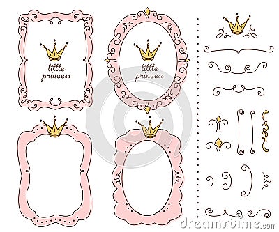 Set of cute doodle mirrors. Princess vector element of design. Pink frames with crown, tiara. Vector Illustration