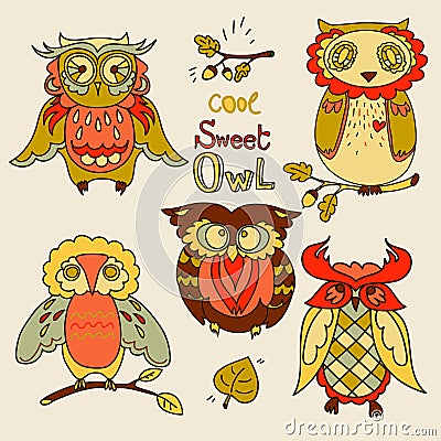 Set of cute doodle owls Vector Illustration