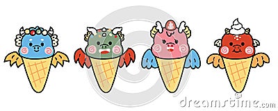 Set of cute dragon various flavor ice cream on white background.Chinese animal Vector Illustration