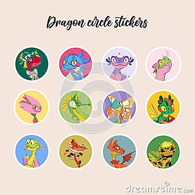 Set of cute dragons circle sticker. Collection of funny fantasy animal character illustration isolated on beige background. Vector Illustration