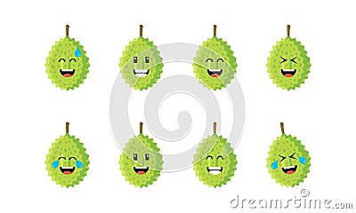 Set of cute durian with emoticon smiling face, squinting face, laughing face Vector Illustration