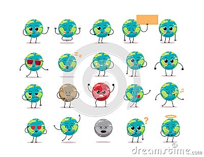 set cute earth characters with different emotions cartoon mascot globe personages collection save planet concept Vector Illustration