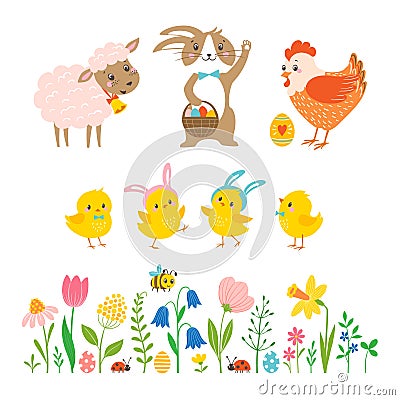 Set of cute Easter characters and design elements Vector Illustration