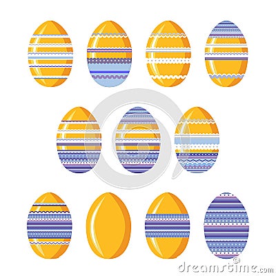Set of cute easter festive eggs decorated with stripes, ornament and ribbons isolated on white background. Vector Illustration