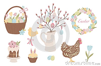 Set of cute easter items isolated on white background. Vector graphics Vector Illustration