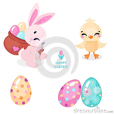 Set of cute Easter rabbits with Easter eggs and chicken. Collection of Easter bunny isolated on white background. Vector Illustration