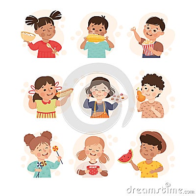 Set of cute eating little boys and girls. Happy kids eating healthy and unhealthy food cartoon vector illustration Vector Illustration