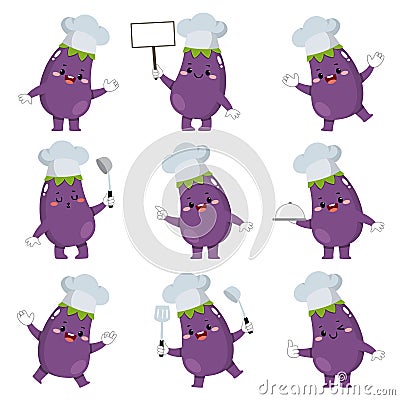 Set of cute eggplant chef cartoon characters with various activities Vector Illustration