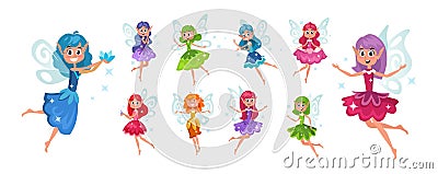 Set of cute fairies with bright colourful hair Vector Illustration