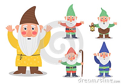 Set of cute fairytale garden gnome character. Vector Illustration