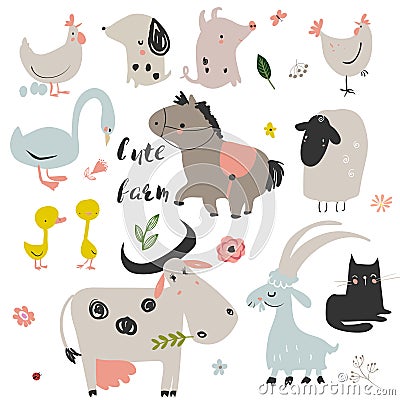 Set of cute farm animals Vector Illustration