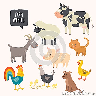 Set of cute farm animals - dog, cat, cow, pig, hen, cock, duck, goat. Vector Illustration