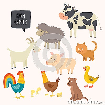 Set of cute farm animals - dog, cat, cow, pig, hen, cock, duck, goat. Vector Illustration